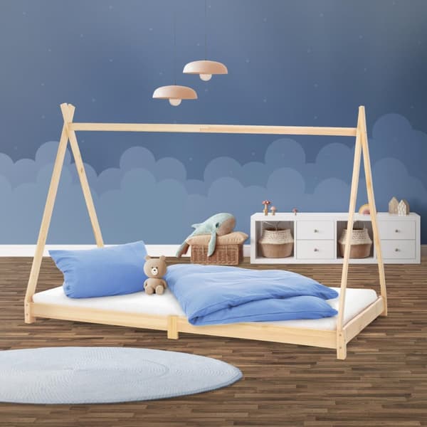 ML Design Cot Tipi 90 x 200 cm slotted runko, luonto, intialainen sänky massiivipuusta, lasten talon nuori sänky puinen sängyn sänky