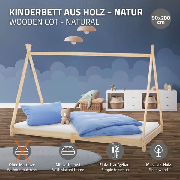 ML Design Cot Tipi 90 x 200 cm slotted runko, luonto, intialainen sänky massiivipuusta, lasten talon nuori sänky puinen sängyn sänky
