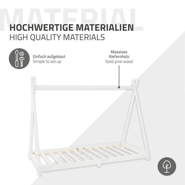 ML Design cot tipi 90 x 200cm med slatt ram, vit, indisk säng gjord av massivt trä, hus säng för tjejer och pojkar, barn hus ungdom säng trä säng