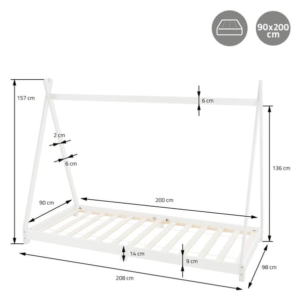 ML Design cot tipi 90 x 200cm med slatt ram, vit, indisk säng gjord av massivt trä, hus säng för tjejer och pojkar, barn hus ungdom säng trä säng