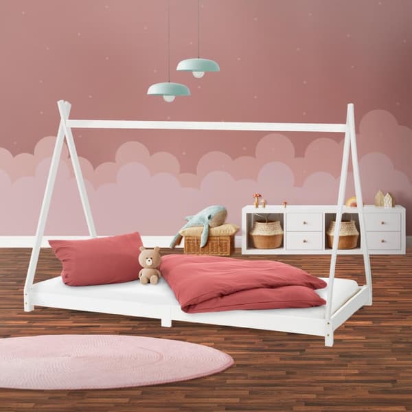 ML Design cot tipi 90 x 200cm med slatt ram, vit, indisk säng gjord av massivt trä, hus säng för tjejer och pojkar, barn hus ungdom säng trä säng