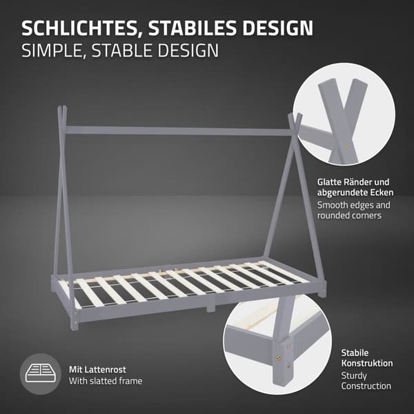 ML Design cot tipi 90 x 200cm med slatt ram, ljusgrå, indisk säng gjord av massivt trä, hus säng för tjejer och pojkar, barn hus ungdom säng trä säng