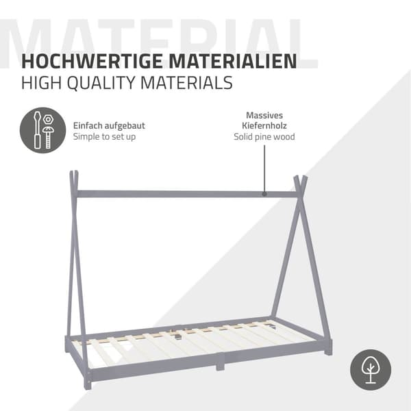 ML Design cot tipi 90 x 200cm med slatt ram, ljusgrå, indisk säng gjord av massivt trä, hus säng för tjejer och pojkar, barn hus ungdom säng trä säng