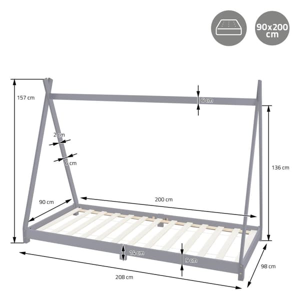 ML Design cot tipi 90 x 200cm med slatt ram, ljusgrå, indisk säng gjord av massivt trä, hus säng för tjejer och pojkar, barn hus ungdom säng trä säng