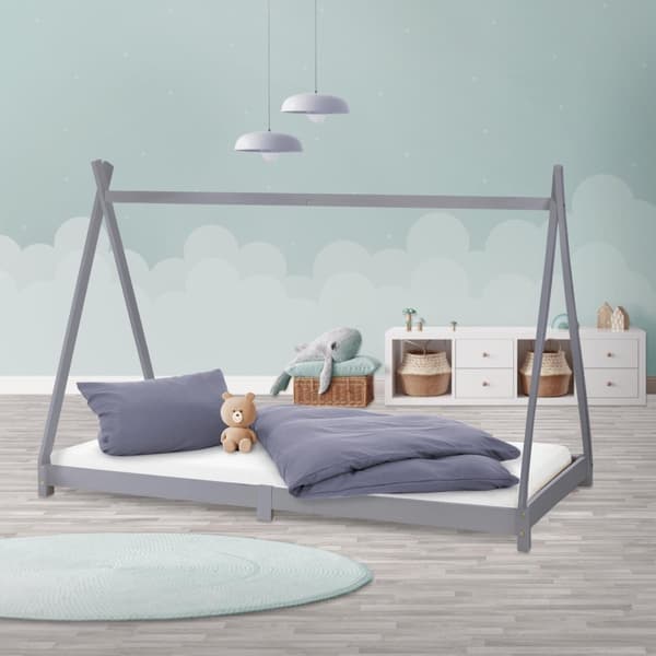ML Design cot tipi 90 x 200cm med slatt ram, ljusgrå, indisk säng gjord av massivt trä, hus säng för tjejer och pojkar, barn hus ungdom säng trä säng