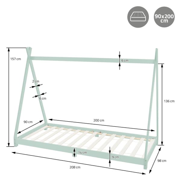 ML Design cot tipi 90x200cm med slatt ram, mint, indisk säng gjord av massivt trä, hus säng för tjejer och pojkar, barn hus ungdom säng trä säng säng