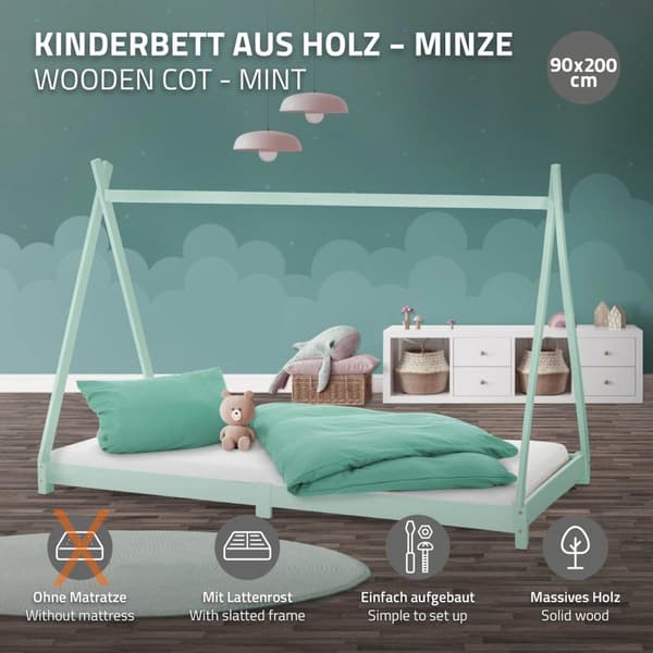 ML Design cot tipi 90x200cm med slatt ram, mint, indisk säng gjord av massivt trä, hus säng för tjejer och pojkar, barn hus ungdom säng trä säng säng