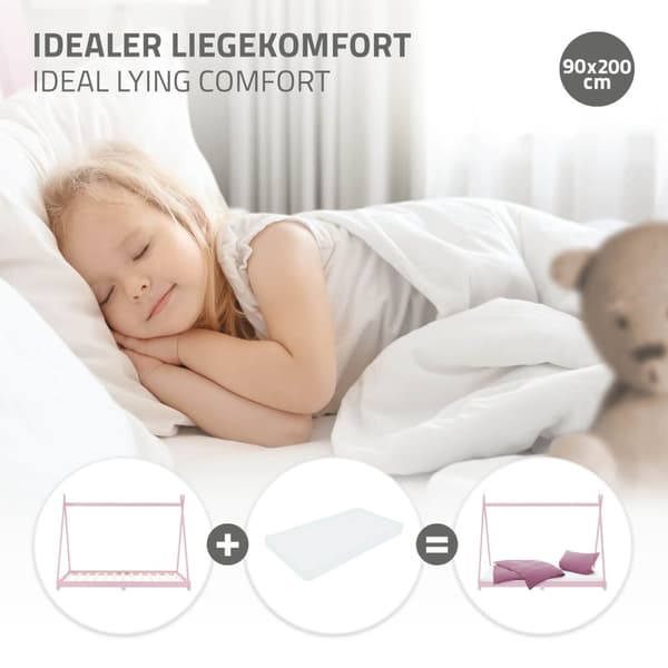 ML Design Cot Tipi 90 x 200cm kanssa slotted runko, vaaleanpunainen, intialainen sänky massiivipuuta, talonpohja tytöille, lasten talon nuoriso bed