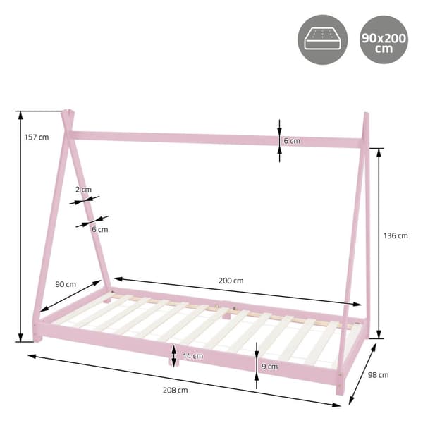 ML Design Cot Tipi 90 x 200cm kanssa slotted runko, vaaleanpunainen, intialainen sänky massiivipuuta, talonpohja tytöille, lasten talon nuoriso bed