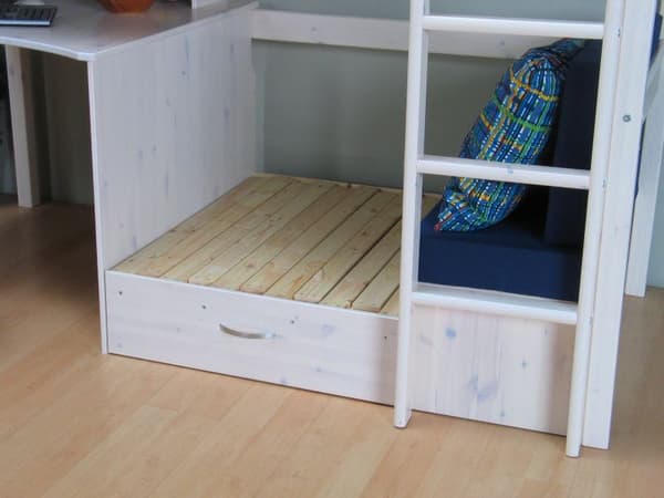Kids loftsäng med soffa, skrivbord och bokhylla vit/blå.