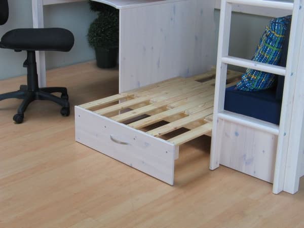 Kids loftsäng med soffa, skrivbord och bokhylla vit/blå.