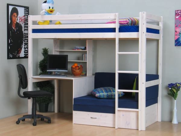 Kids loftsäng med soffa, skrivbord och bokhylla vit/blå.