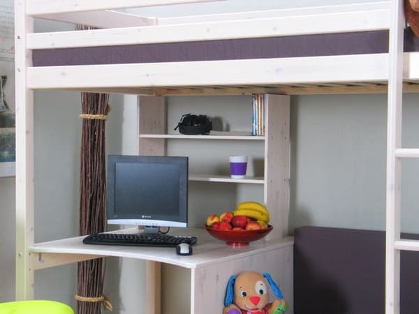 Kids højseng med sofa, skriveplade og reol hvid/grå.