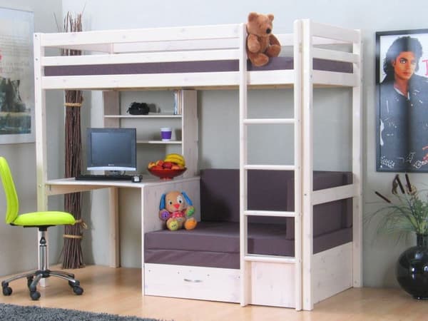 Kids højseng med sofa, skriveplade og reol hvid/grå.