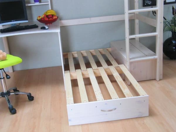 Kids høyseng med sofa, skriveplate og reol hvit/grå.