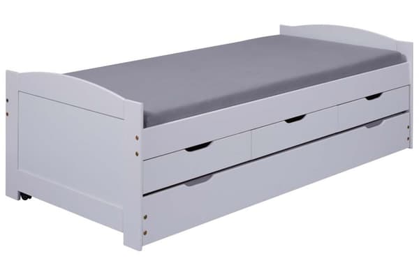 Ulli enkeltseng 90x200 cm inkl. ribbebunn, 3 små og 1 stor skuff til oppbevaring eller gjesteseng, hvit.