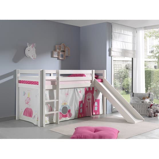 Miniloftsäng Vit Med Gardin Och Rutschkana - Princess