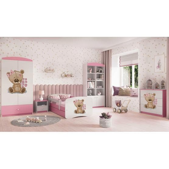 Tremmeseng - Babydreams Pink - Bjørn Med Blomster Med Æske Og Madras 180x80 Cm