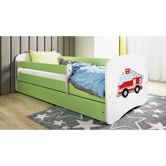 Tremmeseng - Babydreams Grøn - Brandbil Med Kasse Og Madras 180x80 Cm
