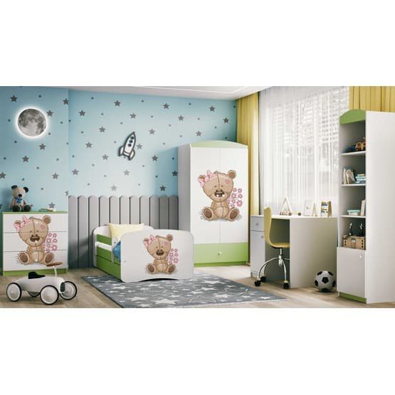 Barnsäng - Babydreams Grön - Bear With Flowers Med Låda Och Madrass 180x80 Cm