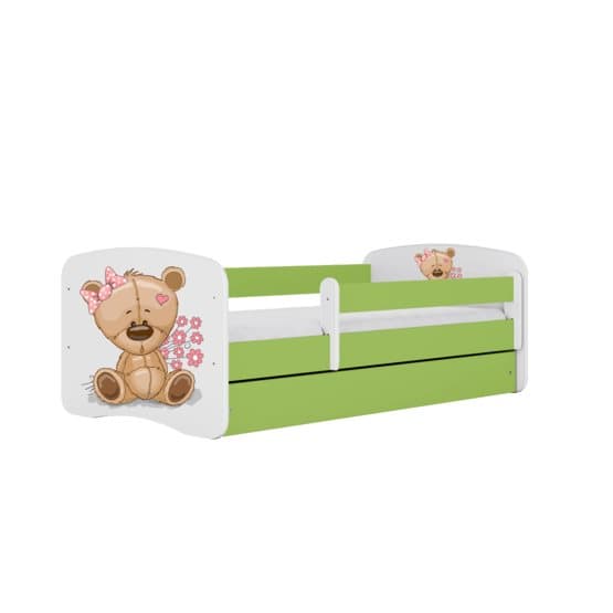 Barnsäng - Babydreams Grön - Bear With Flowers Med Låda Och Madrass 180x80 Cm