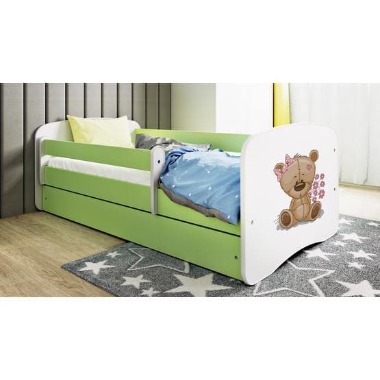 Barnsäng - Babydreams Grön - Bear With Flowers Med Låda 180x80 Cm