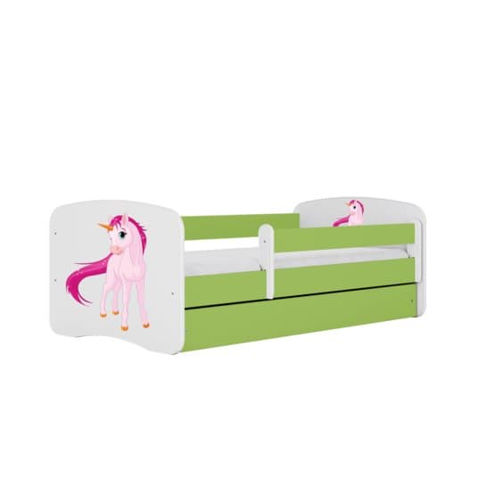 Barnsäng - Babydreams Grön - Unicorn Med Låda Och Madrass 160x80 Cm