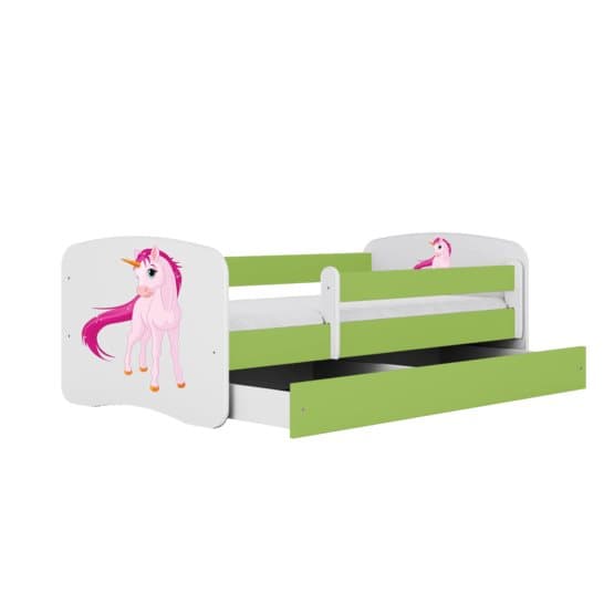 Barnsäng - Babydreams Grön - Unicorn Med Låda Och Madrass 180x80 Cm