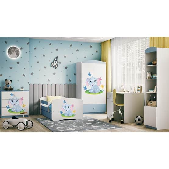Pinnasänky - Babydreams Blue - Elephant laatikolla ja patjalla 160x80 cm