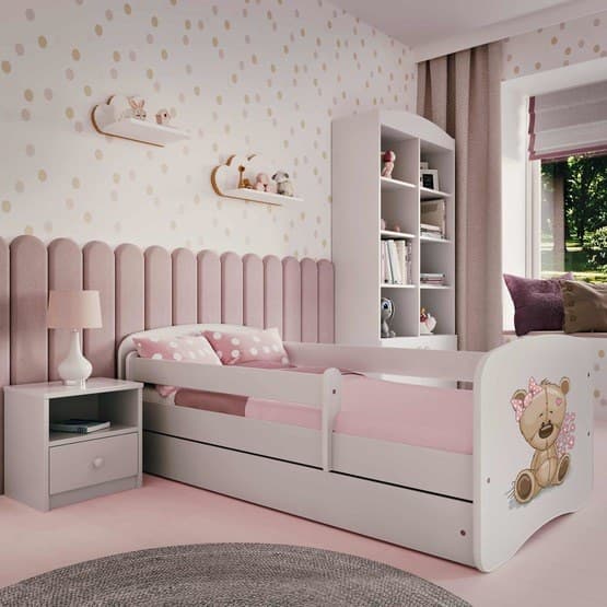 Tremmeseng - Babydreams Hvid - Bjørn Med Blomster Med Skuffe 140x70 Cm