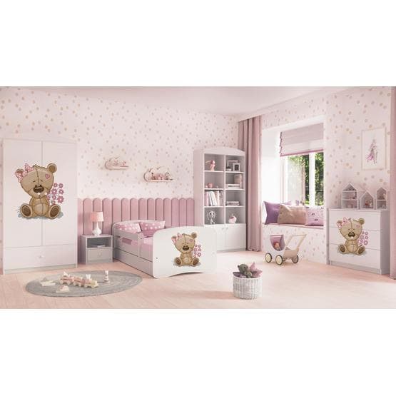 Tremmeseng - Babydreams Hvid - Bjørn Med Blomster Med Skuffe Og Madras 140x70 Cm