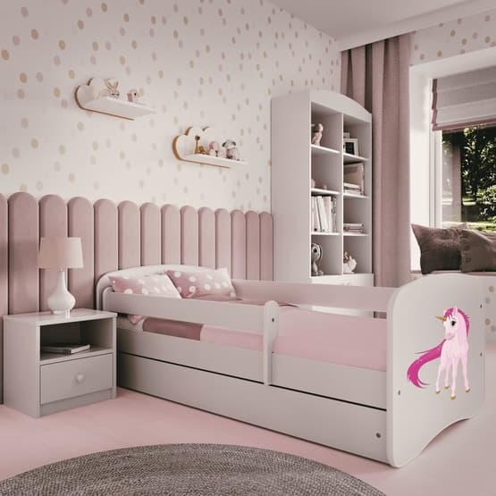 Tremmeseng - Babydreams Hvid - Enhjørning Med Æske Og Madras 140x70 Cm