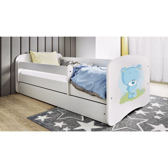 Barnsäng - Babydreams Vit/Blå - Bear Med Låda Och Madrass 180x80 Cm