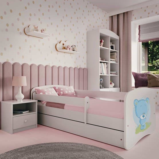 Barnsäng - Babydreams Vit/Blå - Bear Med Låda Och Madrass 180x80 Cm