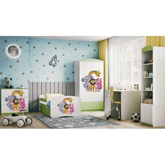 Barnsäng - Babydreams Grön - Zoo Med Låda Och Madrass 160x80 Cm