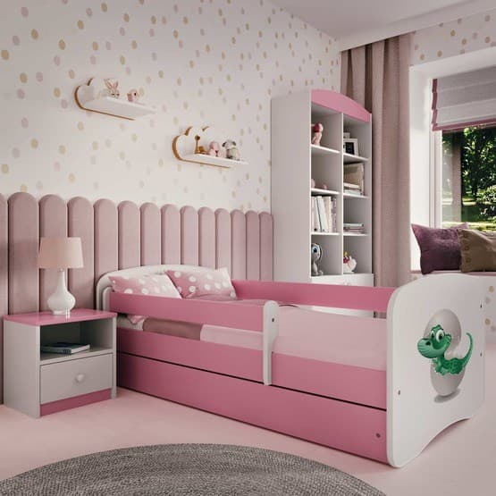 Tremmeseng - Babydreams Pink - Dinosaur Med Æske Og Madras 160x80 Cm