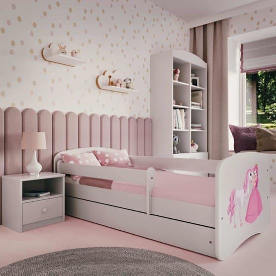 Barnsäng - Babydreams Vit - Princess And Horse Med Låda Och Madrass 180x80 Cm