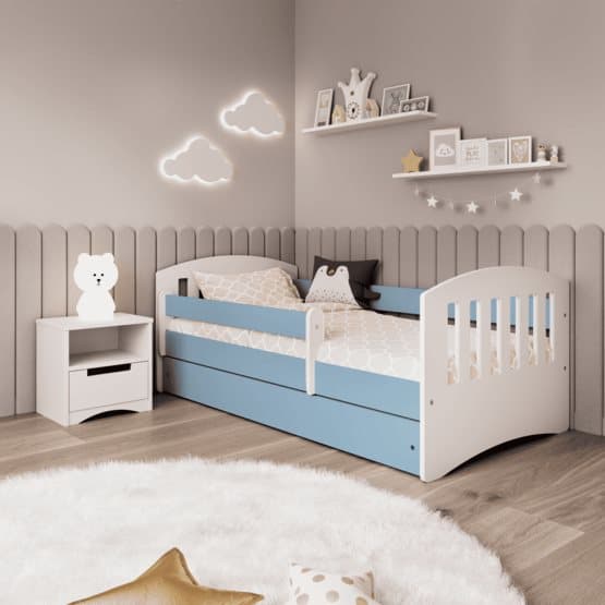 Barnsäng - Classic 1 Blå - Med Låda Skydskant Och Madrass 180x80 Cm