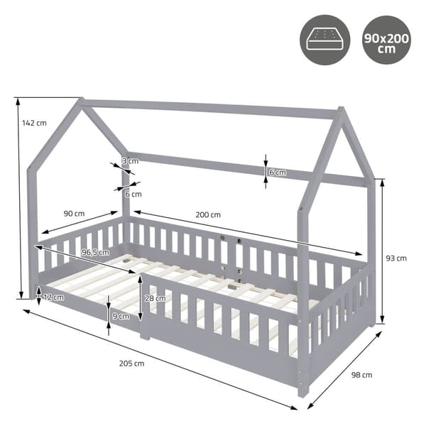 Barnsäng Fall-Out Protection Barns grå säng Trä säng 200x90cm Pine Wood
