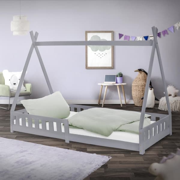 Pinnasänky Tipi harmaa putoamissuoja puinen sänky talo sänky mänty puu 200x90cm