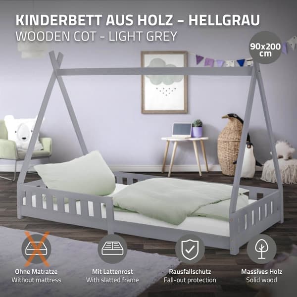 Pinnasänky Tipi harmaa putoamissuoja puinen sänky talo sänky mänty puu 200x90cm
