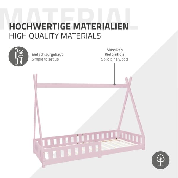 Barnsäng Tipi Pink Fall-Out Protection Trä säng hus säng Pine 200x90cm