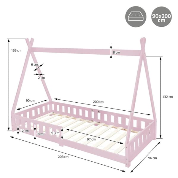 Barnsäng Tipi Pink Fall-Out Protection Trä säng hus säng Pine 200x90cm