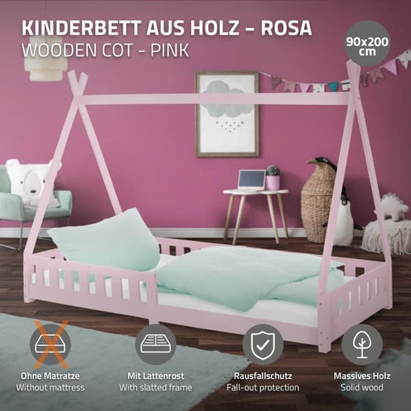 Barnsäng Tipi Pink Fall-Out Protection Trä säng hus säng Pine 200x90cm