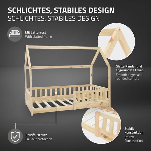 Barnsäng med skydd mot utfällning Litterram och tak 80x160 cm Naturligt furuträ ML-Design