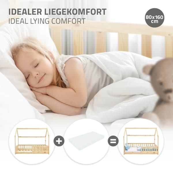 Barnsäng med skydd mot utfällning Litterram och tak 80x160 cm Naturligt furuträ ML-Design