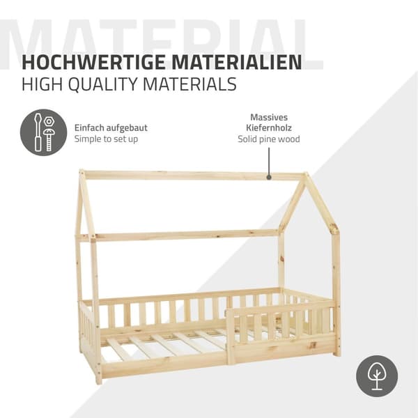 Barnsäng med skydd mot utfällning Litterram och tak 80x160 cm Naturligt furuträ ML-Design