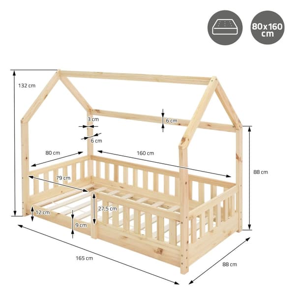 Barnsäng med skydd mot utfällning Litterram och tak 80x160 cm Naturligt furuträ ML-Design