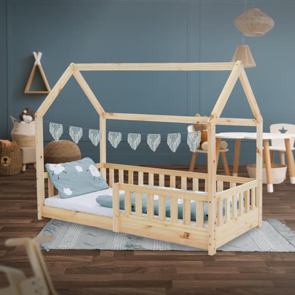 Barnsäng med skydd mot utfällning Litterram och tak 80x160 cm Naturligt furuträ ML-Design