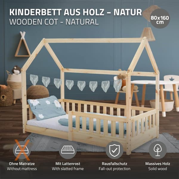 Barnsäng med skydd mot utfällning Litterram och tak 80x160 cm Naturligt furuträ ML-Design